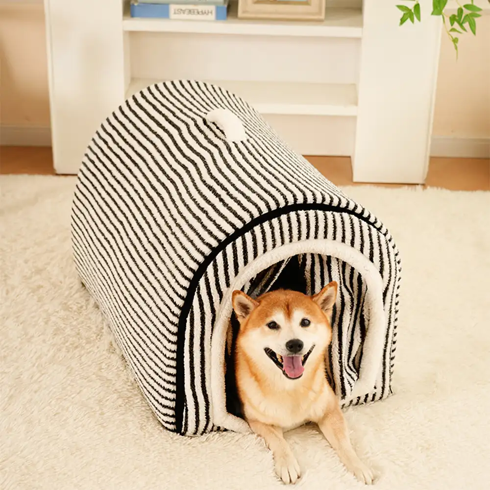 Striped Cave-Style Warm Deep Sleeping Snug Cat Cave Dog House - News Pet Shop
