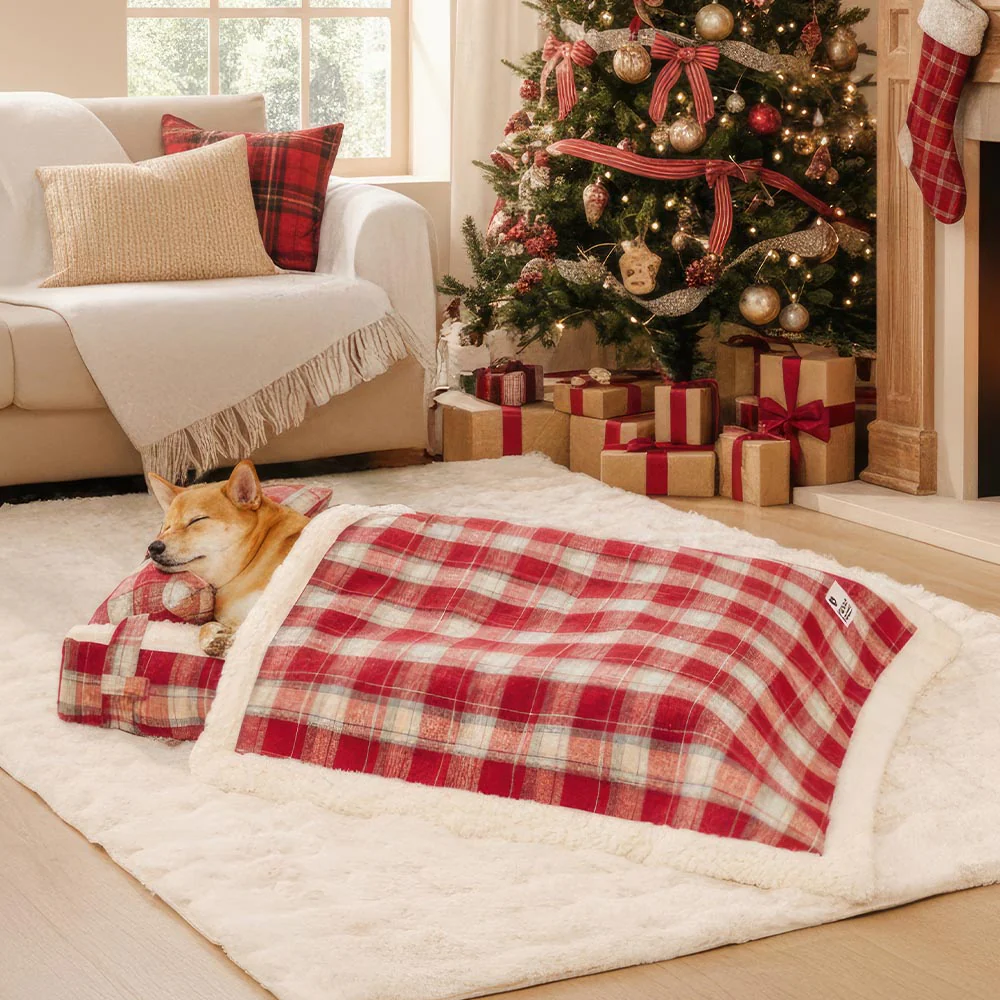Vintage Plaid Plush Detachable Orthopedic Dog Bed with Pillow - Puppy Snug - News Pet Shop