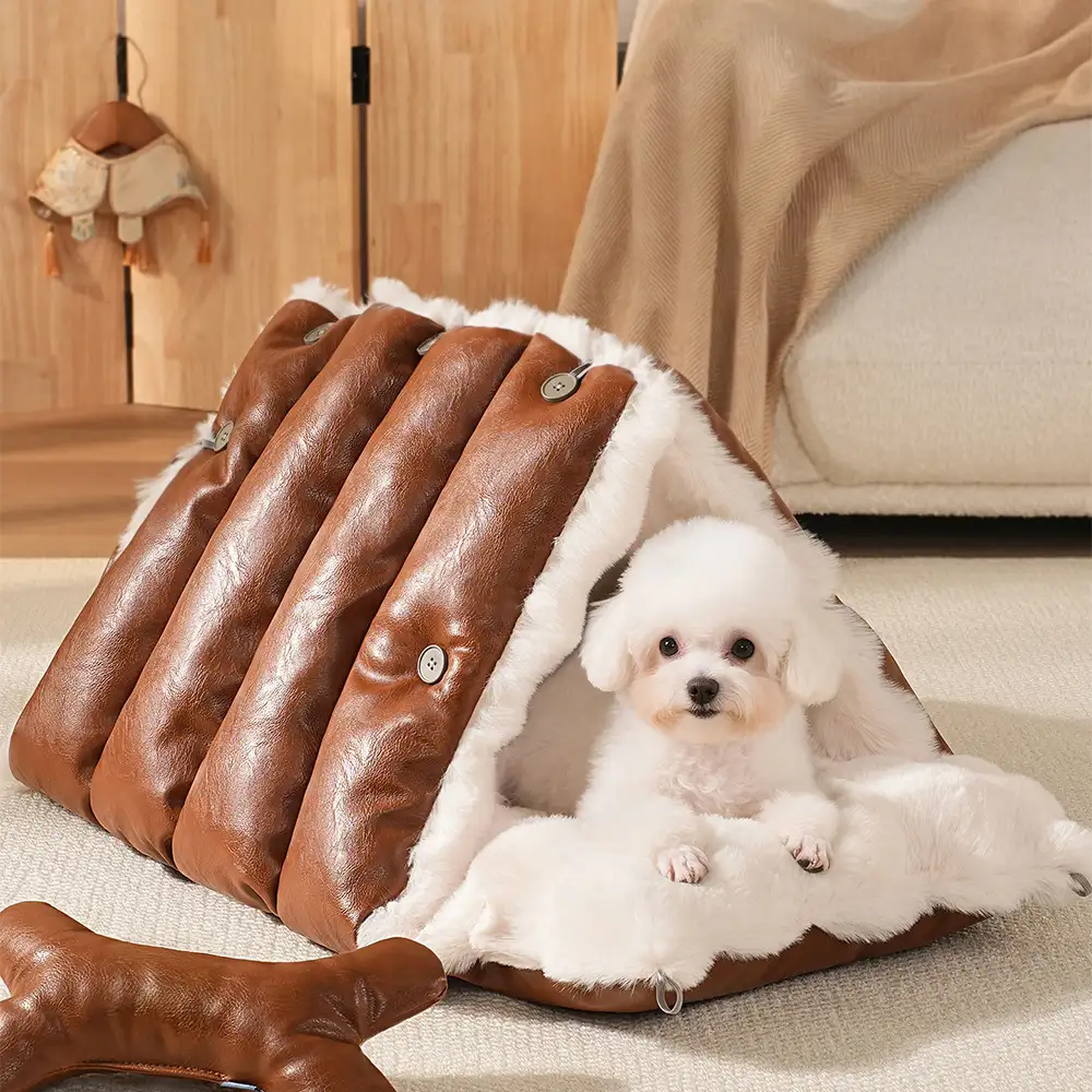Faux Leather Vintage Multi-function Plush Dog Bed Convertible Dog Car Seat - News Pet Shop