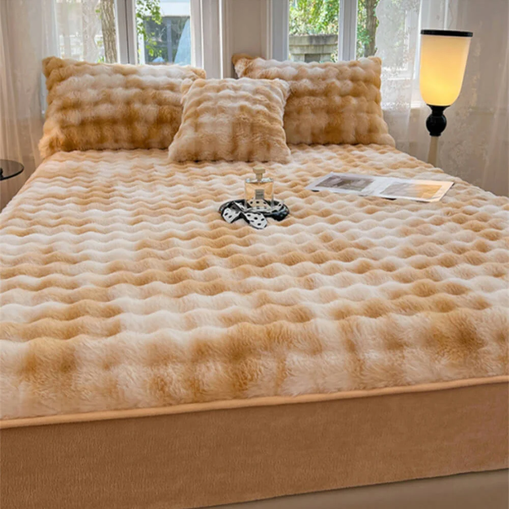 Gradient Cream Bubble Thickened Faux Rabbit Fur Warm Fitted Sheet Mattress Cover - News Pet Shop
