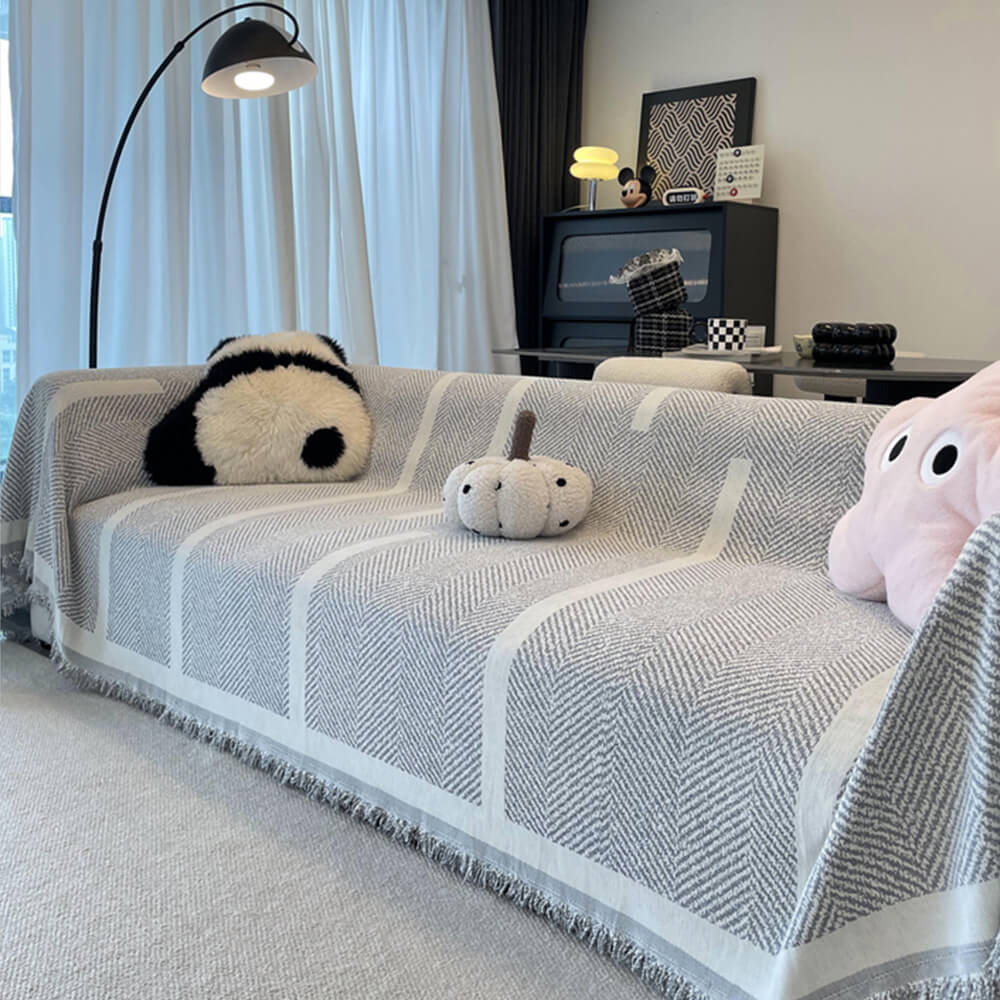 Herringbone Pattern Fringed Chenille Throw Couch Cover - News Pet Shop