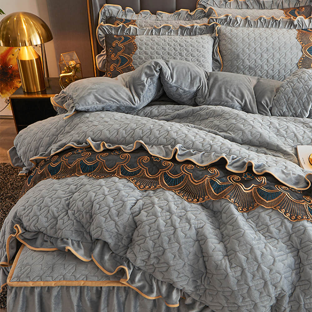 Luxurious Crystal Velvet Embroidered Non-Slip Bed Sheet Set with Bed Skirt - News Pet Shop