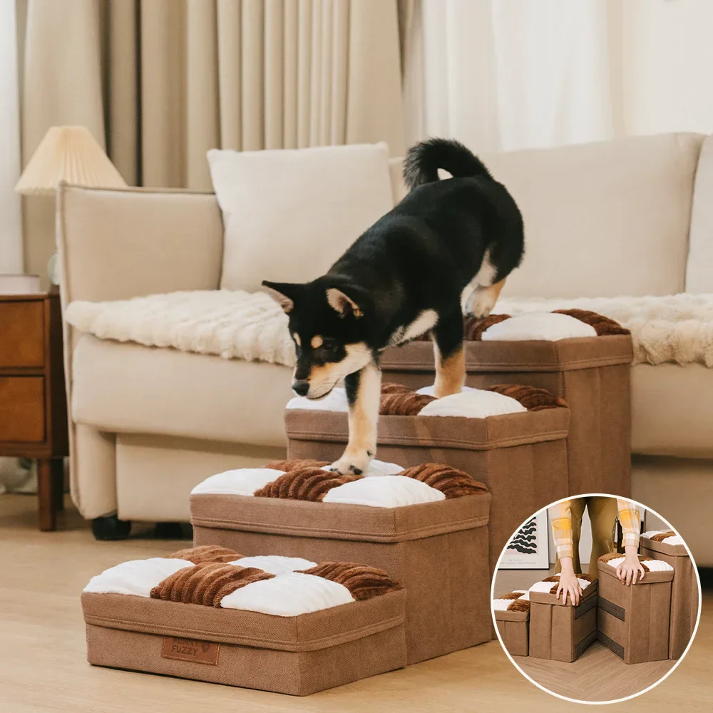 Detachable Chessboard Plaid Handcrafted Dog Stairs with Storage - Foldable Steps - News Pet Shop