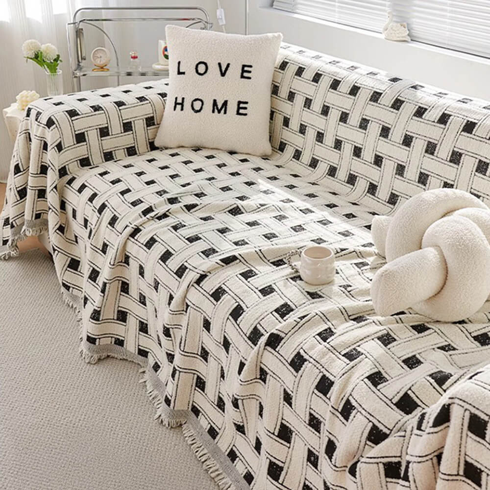 Stylish Checkered Fringed Tassel Chenille Sofa Protector Throw Couch Cover - News Pet Shop