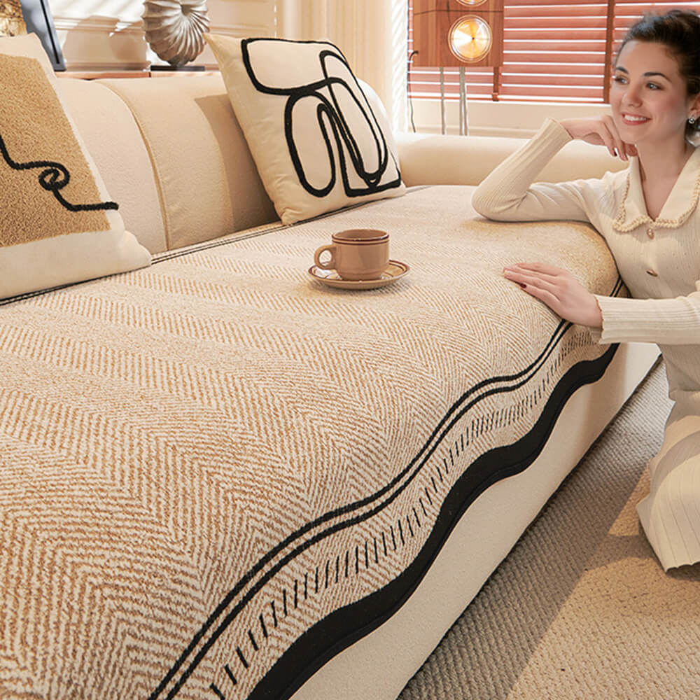 Non-Slip Herringbone Chenille Couch Cover with Wavy Edges - News Pet Shop