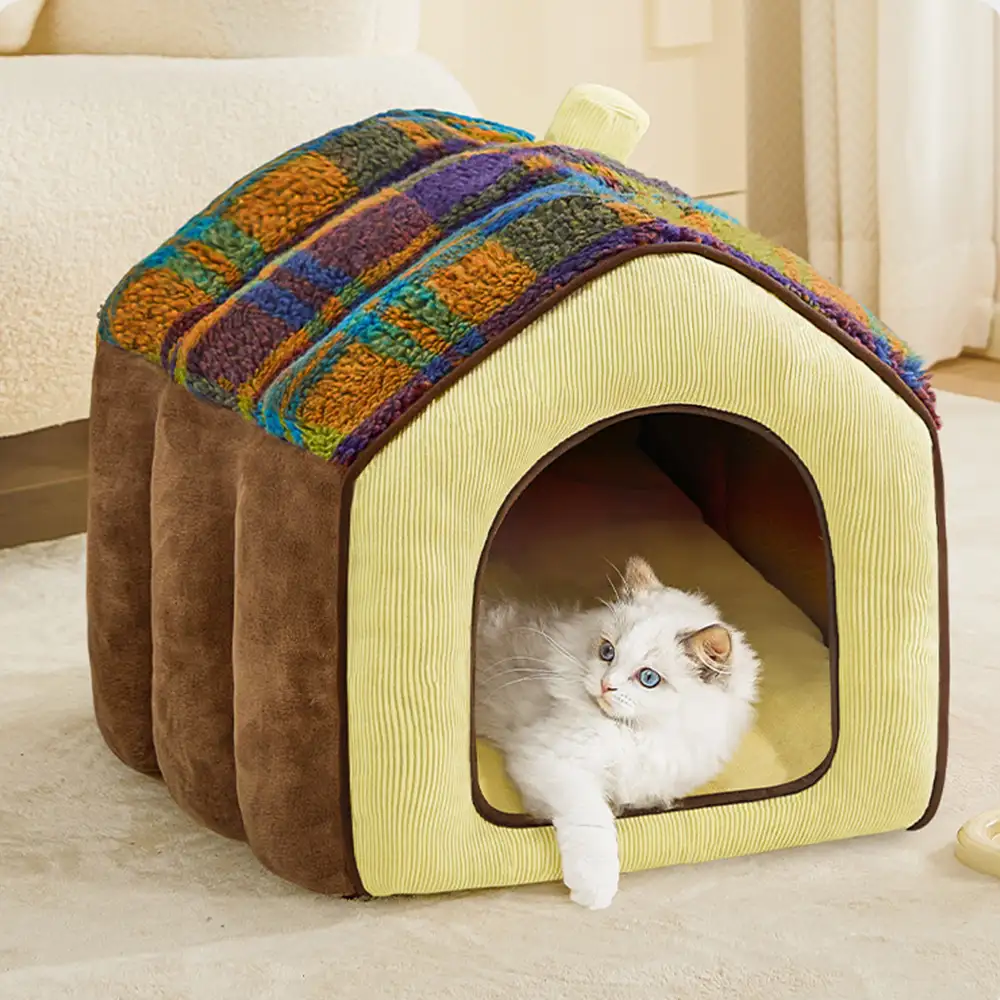 Plaid Retro Cozy Cave-Style Warm Deep Sleeping Dog & Cat Bed - Retro House - News Pet Shop