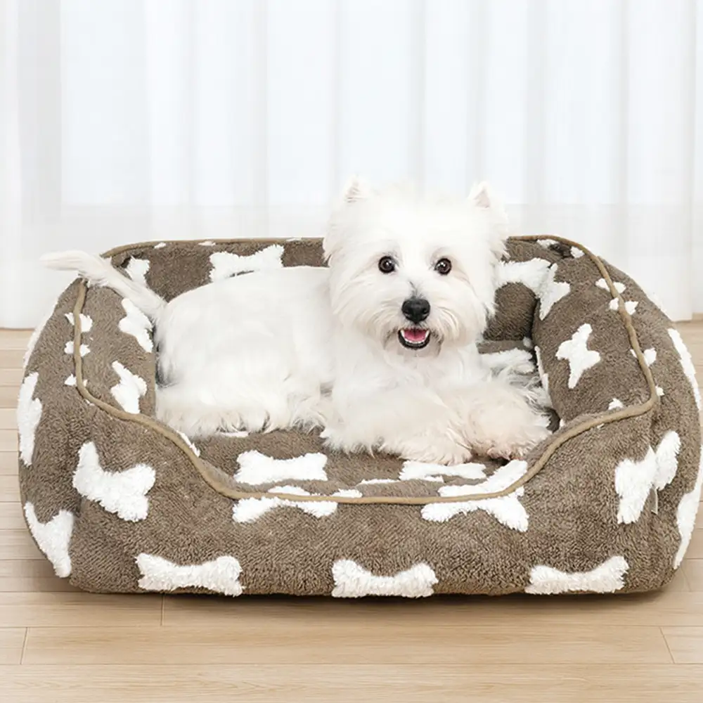 Plush Bone Pattern Square Deep Sleep Dog Bed - News Pet Shop