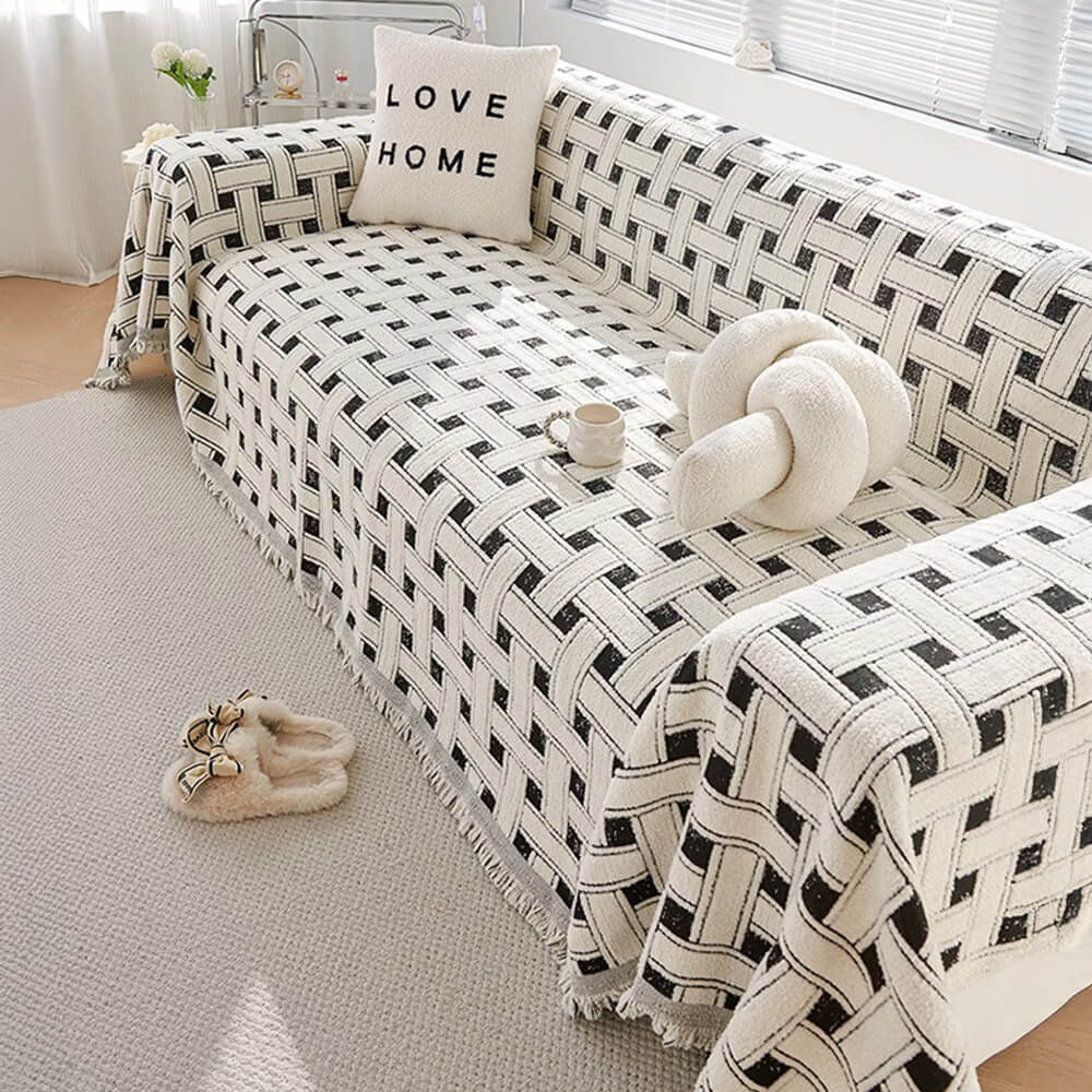 Stylish Checkered Fringed Tassel Chenille Sofa Protector Throw Couch Cover - News Pet Shop