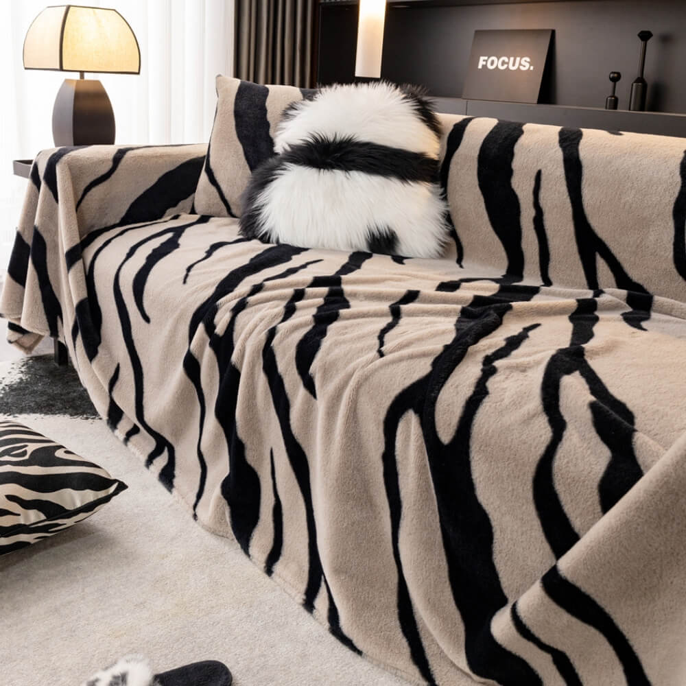 Luxurious Zebra-Print Fluffy Plush Sofa Protector Stylish Couch Cover - News Pet Shop