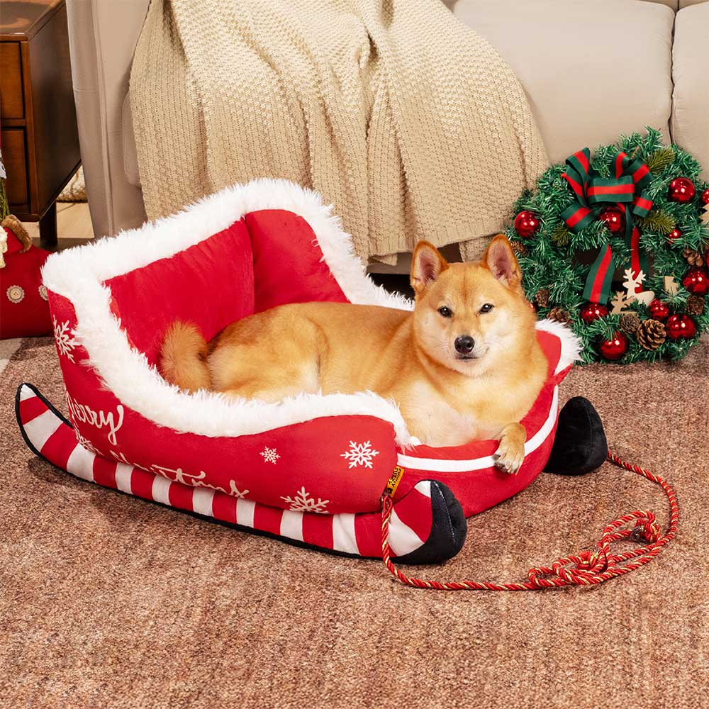 Festive Plush Cozy Dog Bed - Christmas Sleigh - News Pet Shop