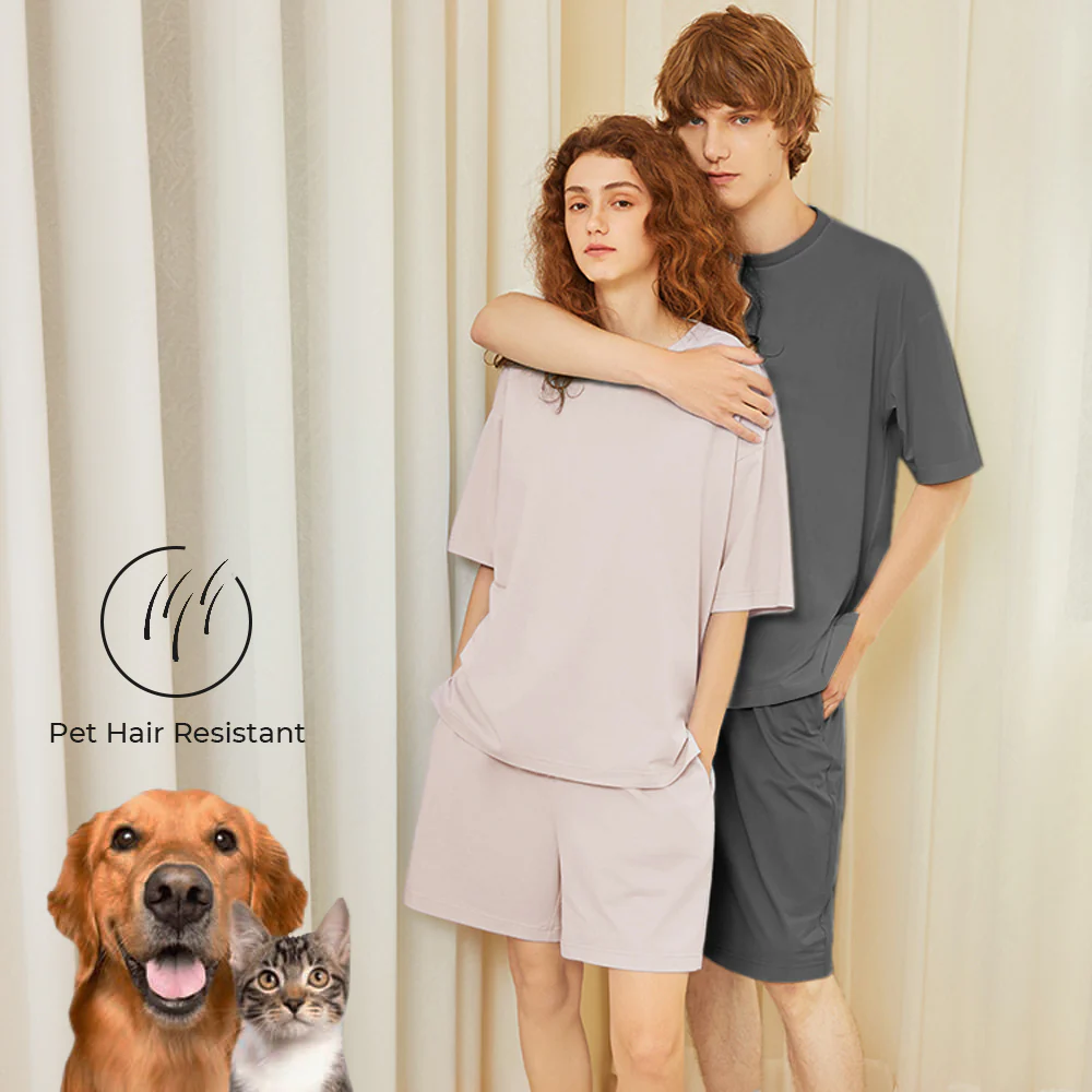 Eco-friendly Pet Hair Resistant Pure Color Crew Neck Short Sleeve Couples Pajama Set - News Pet Shop