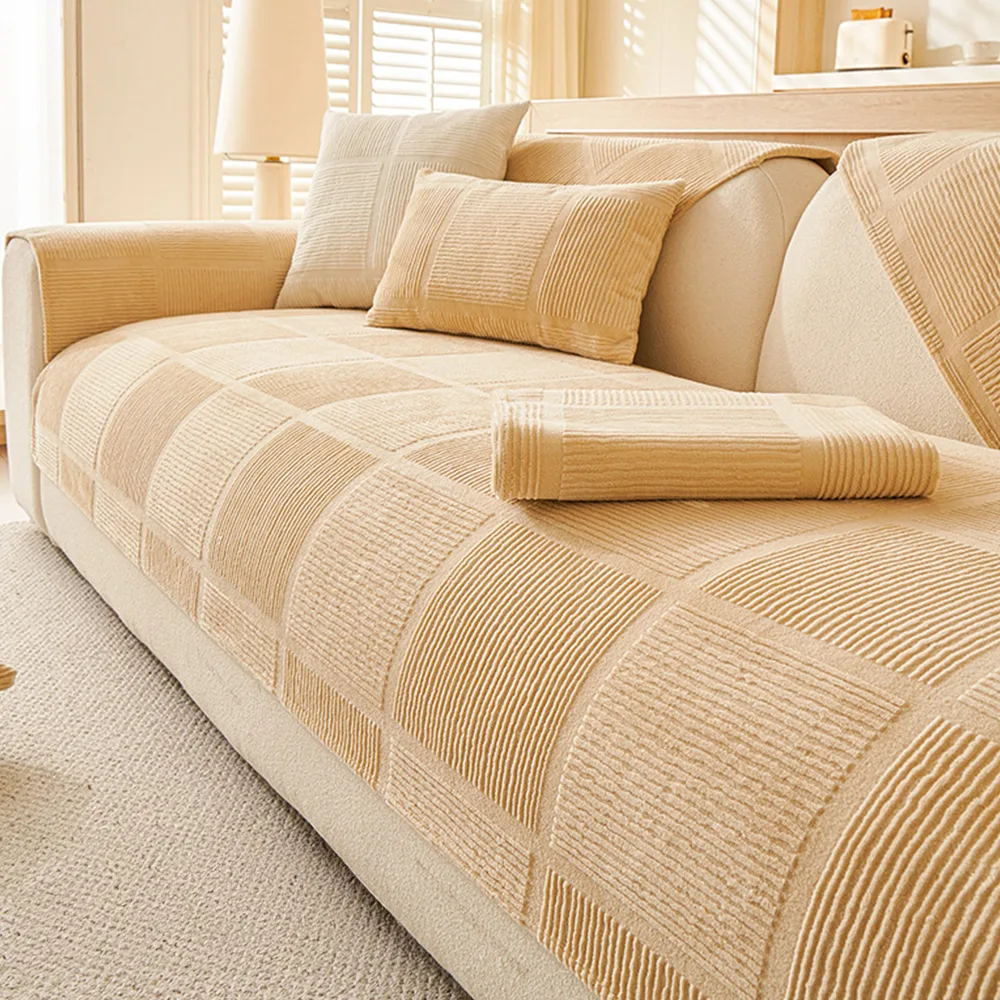 Plush Cream Geometric All Seasons Non-Slip Couch Cover - News Pet Shop