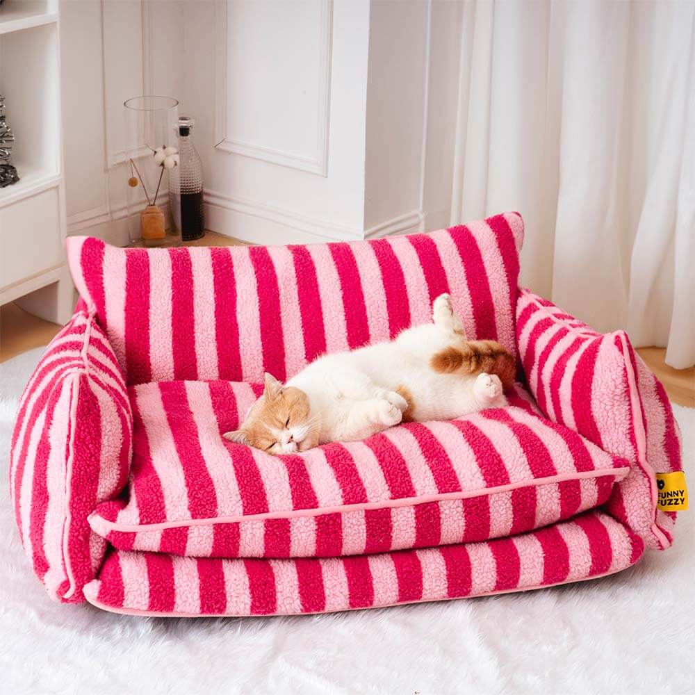 Trendy Striped Faux Lambswool Double Layer Cat Couch Sofa Bed - News Pet Shop