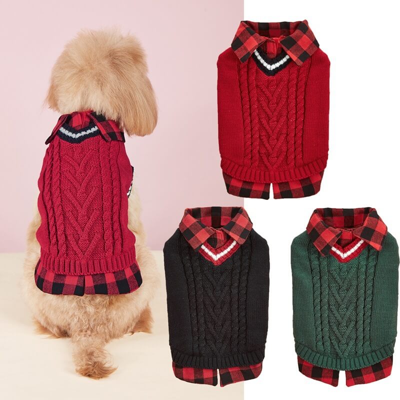Perfect for Fall Winter Plaid Collar Cable Knit Dog Sweater Vest - News Pet Shop
