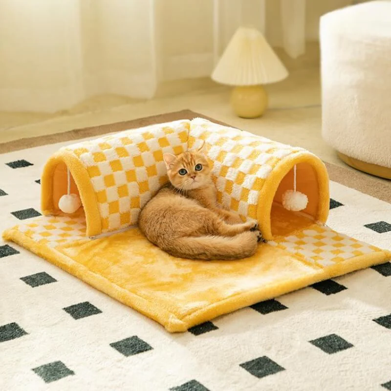 2-in-1 Funny Plush Plaid Checkered Cat Tunnel  Bed - News Pet Shop