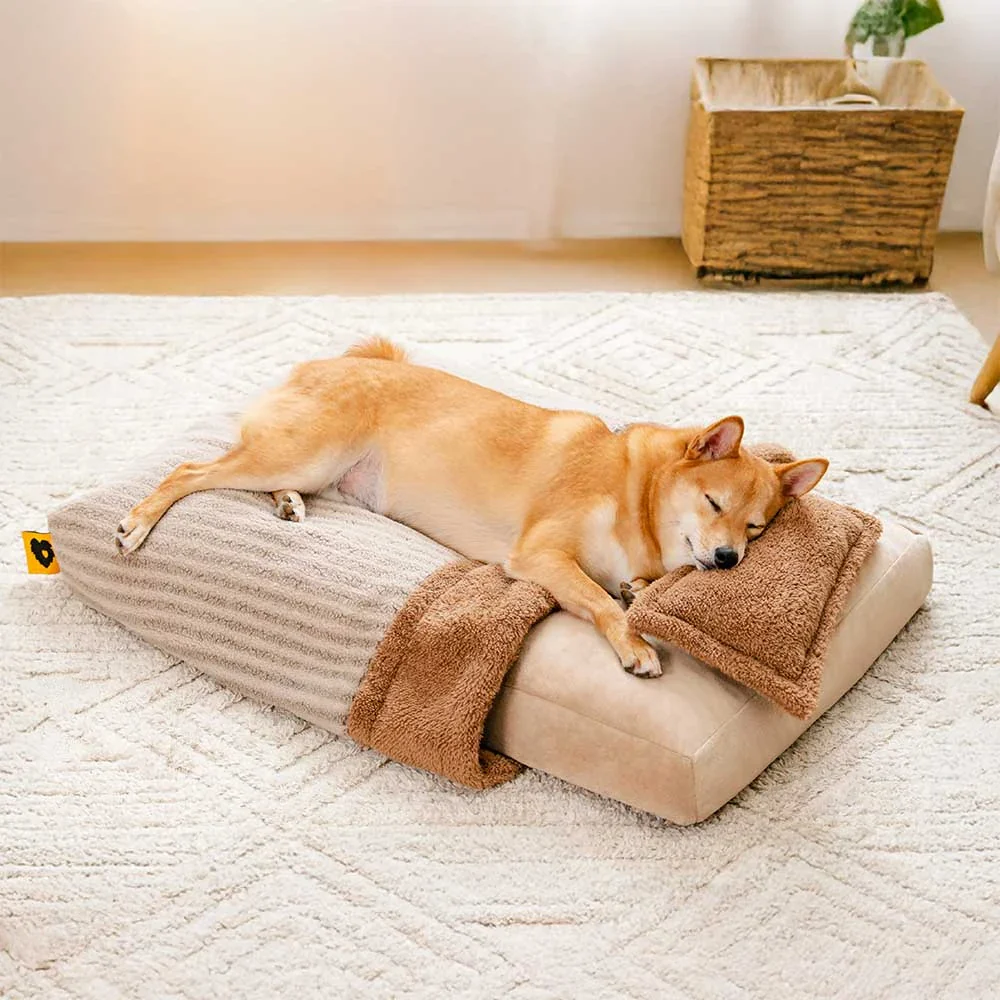 Plush Striped Cave Covered Orthopedic Dog Bed With Pillow - FluffyWarm - News Pet Shop