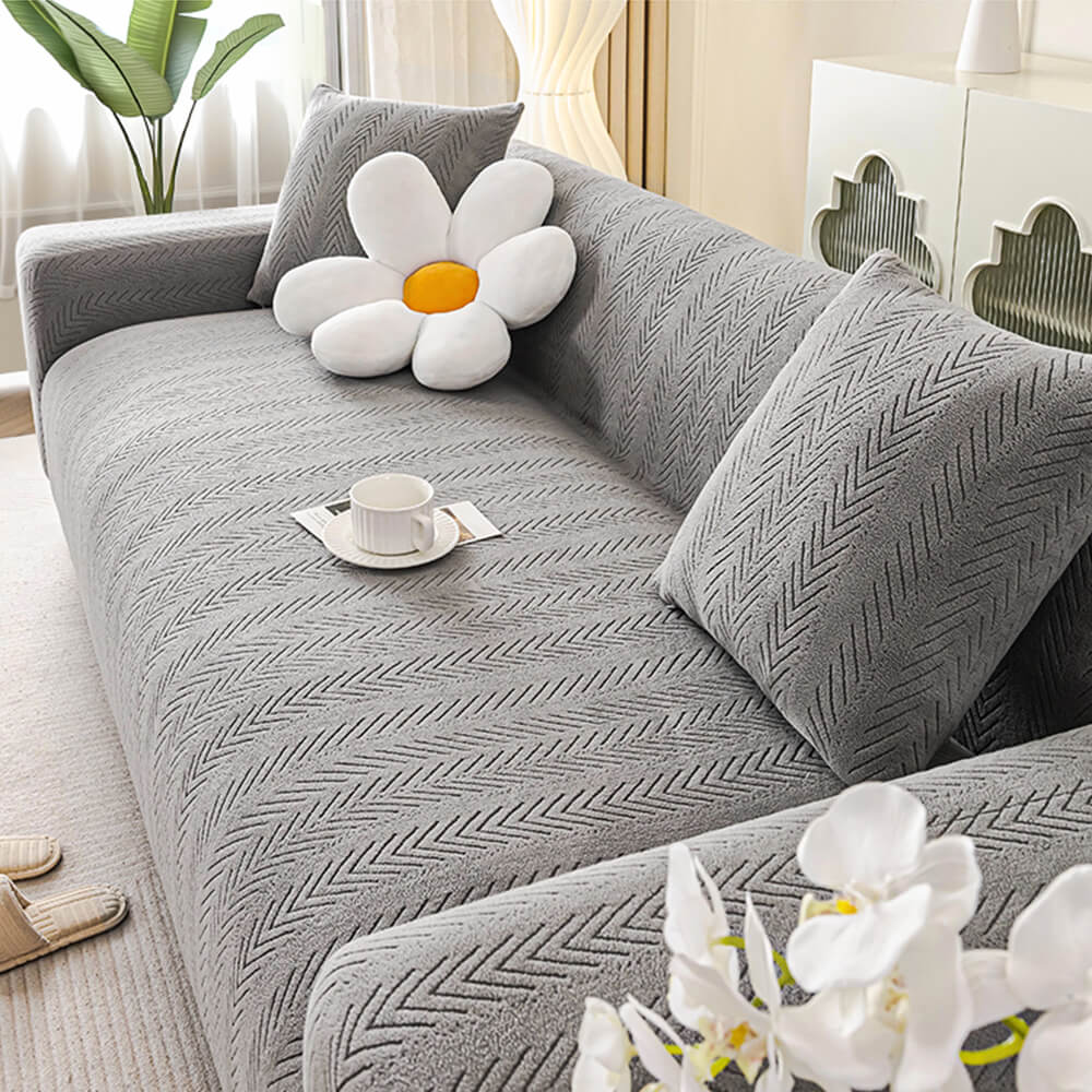 Elegant Herringbone Cream Aesthetic Stretch Magic Couch Cover - News Pet Shop