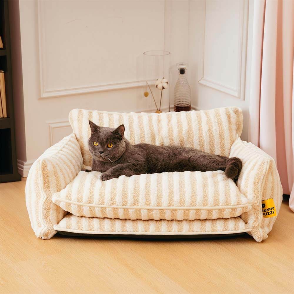 Trendy Striped Faux Lambswool Double Layer Cat Couch Sofa Bed - News Pet Shop