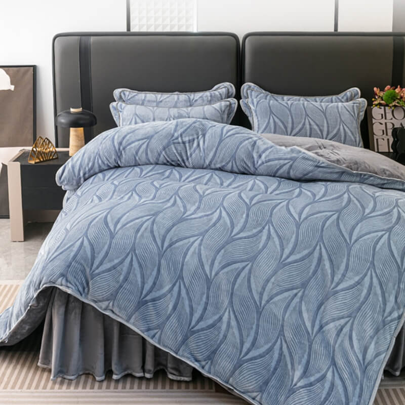 Modern Leaf Pattern Soft Milk Velvet Bed Sheet Set with Bed Skirt - News Pet Shop