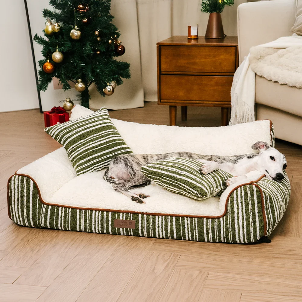 Plush Warm Stripe Orthopedic Dog & Cat Sofa Bed With Pillows- Grove Couch - News Pet Shop