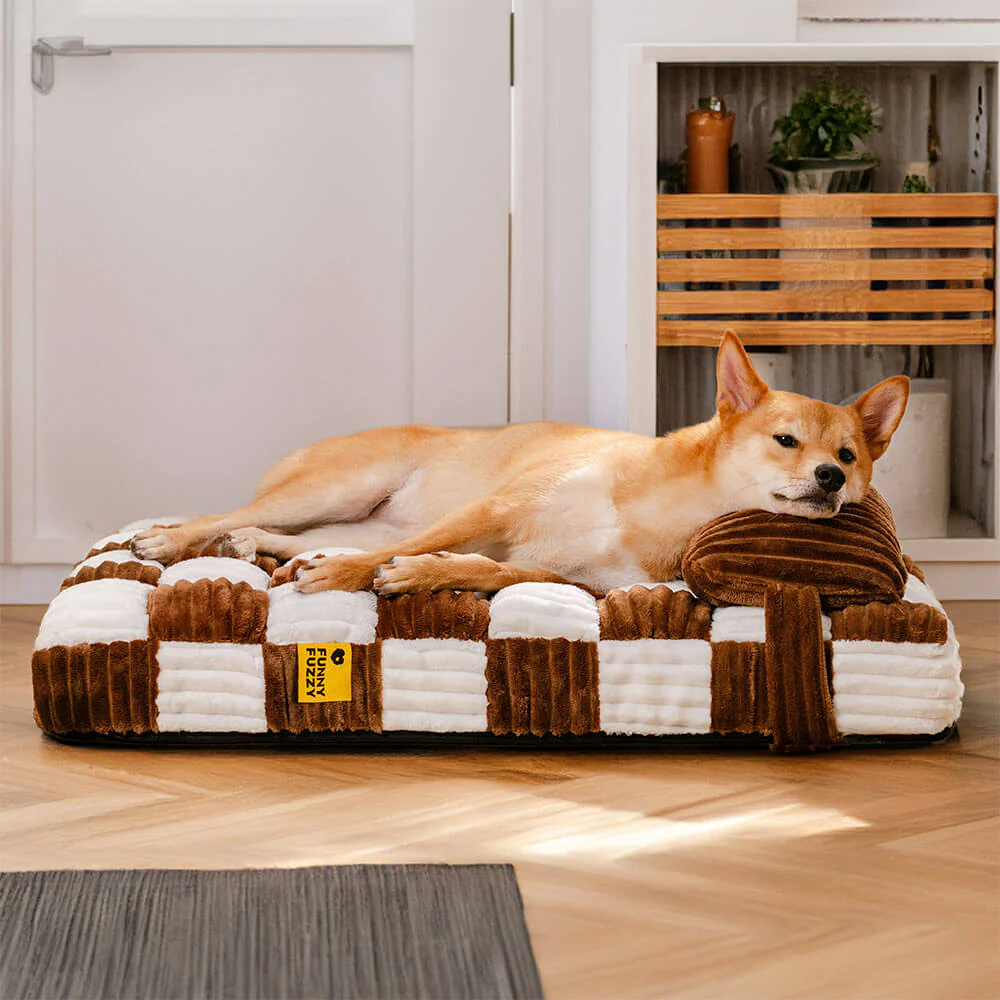 Handmade Plush Chessboard Orthopedic Support Dog Bed with Pillow - News Pet Shop