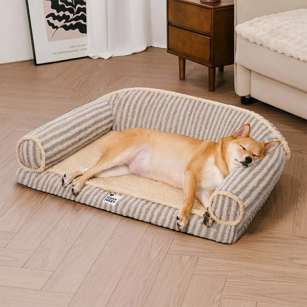 Fluffy Stripe Washable Orthopedic Dog & Cat Sofa Bed - Latte Nooki - News Pet Shop
