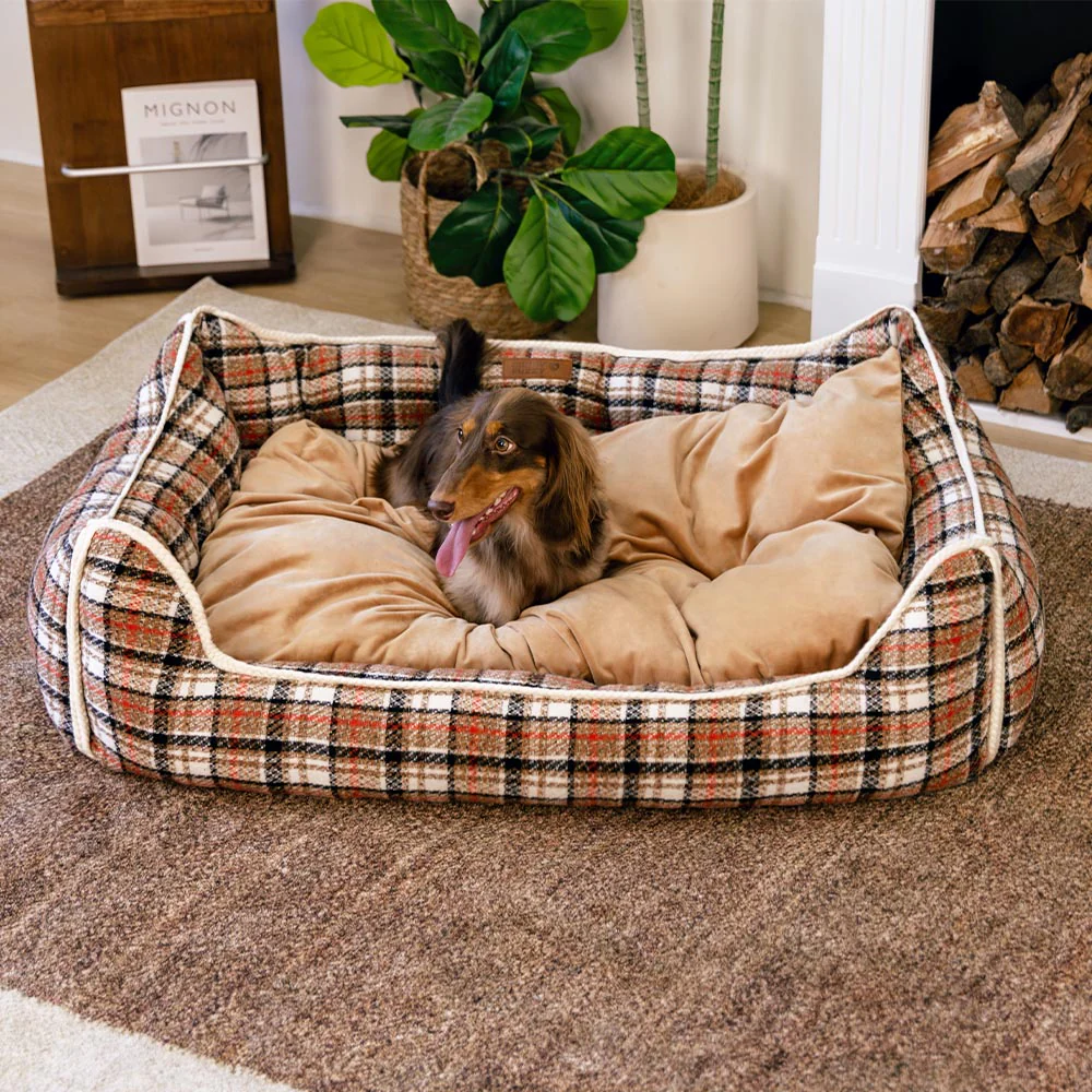 Classical Retro Plaid Removable Bolster Calming Dog Bed - Nostalgic Retreat - News Pet Shop
