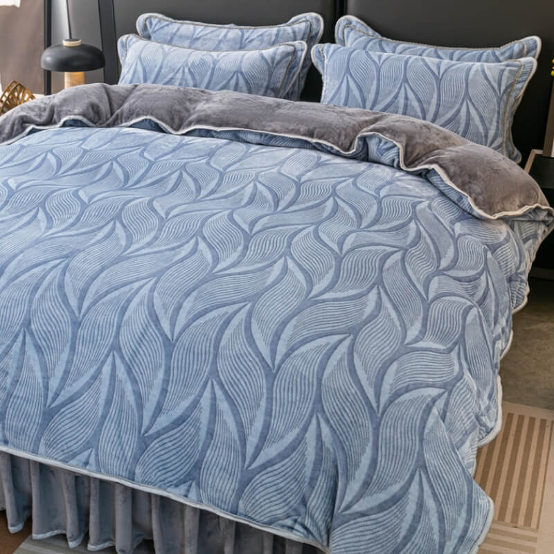 Modern Leaf Pattern Soft Milk Velvet Bed Sheet Set with Bed Skirt - News Pet Shop