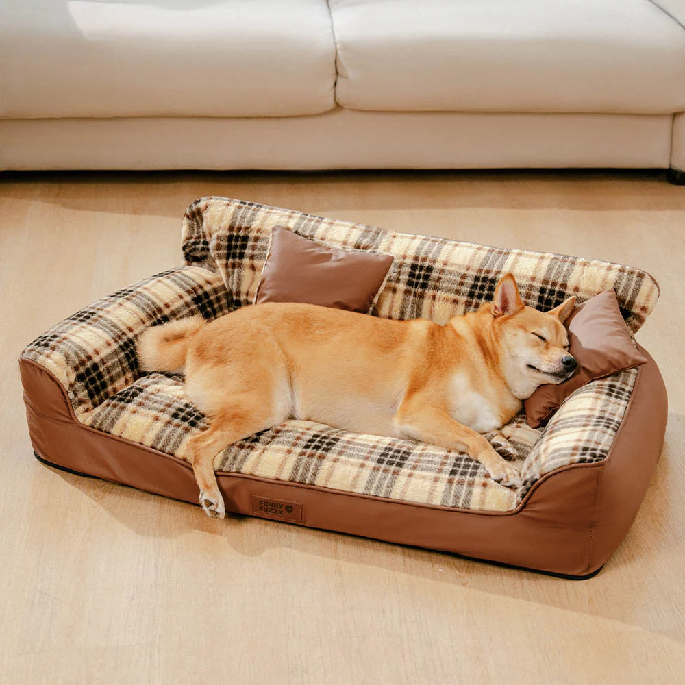Vintage Plaid Plush Orthopedic Dog Sofa Bed with Pillows - CozyLuxe - News Pet Shop