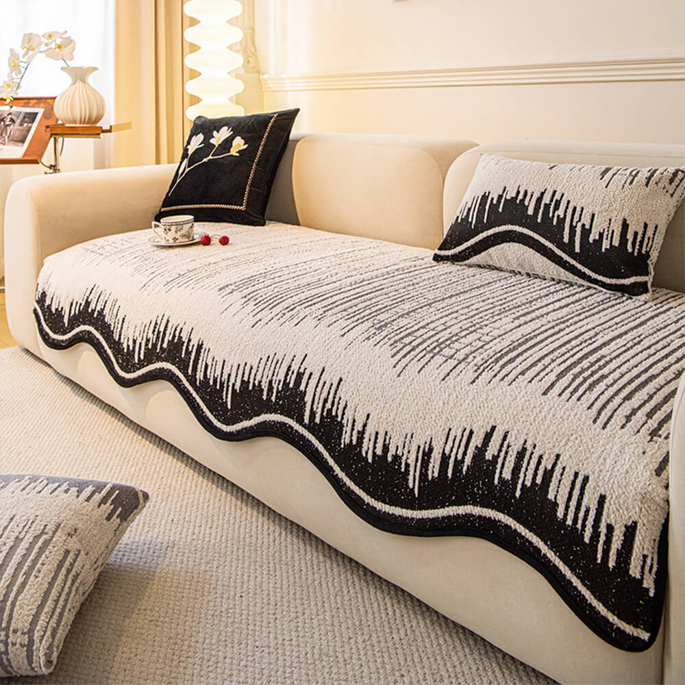 Modern Abstract Lines Plush Couch Cover with Wavy Edges - News Pet Shop