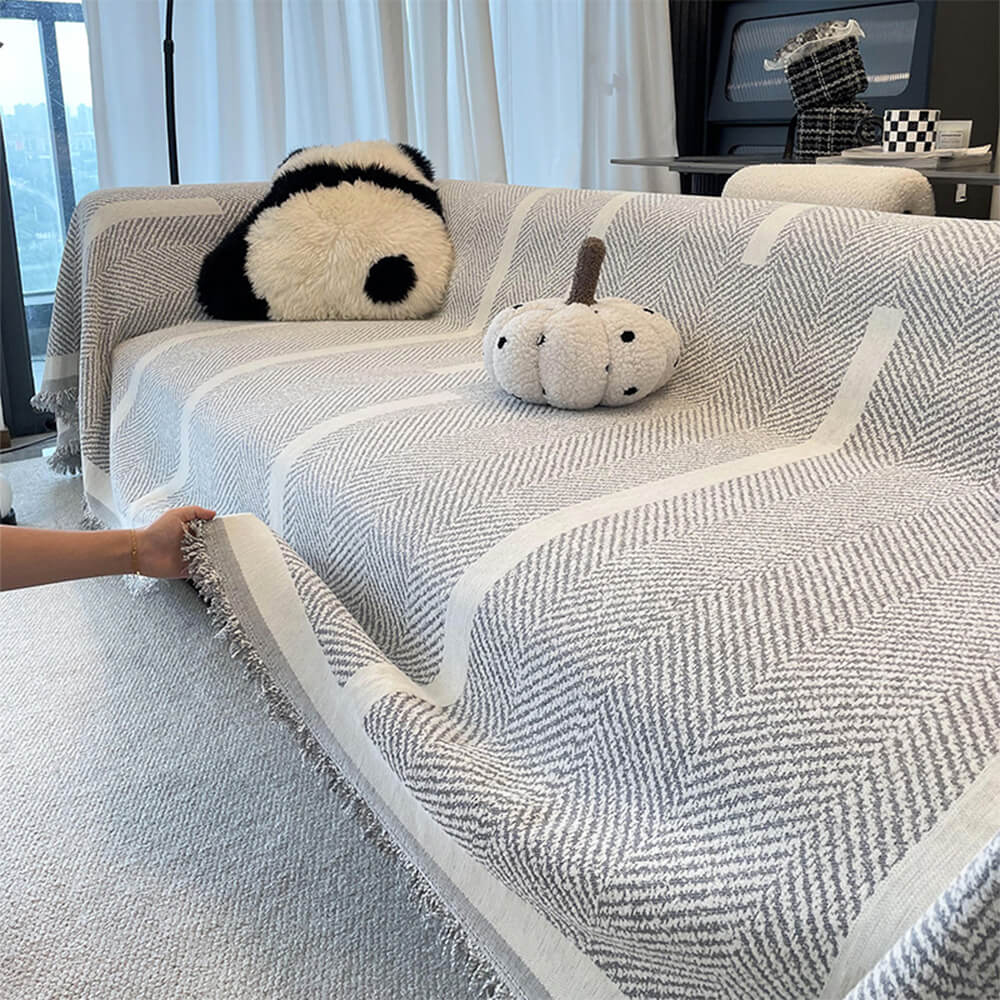 Herringbone Pattern Fringed Chenille Throw Couch Cover - News Pet Shop