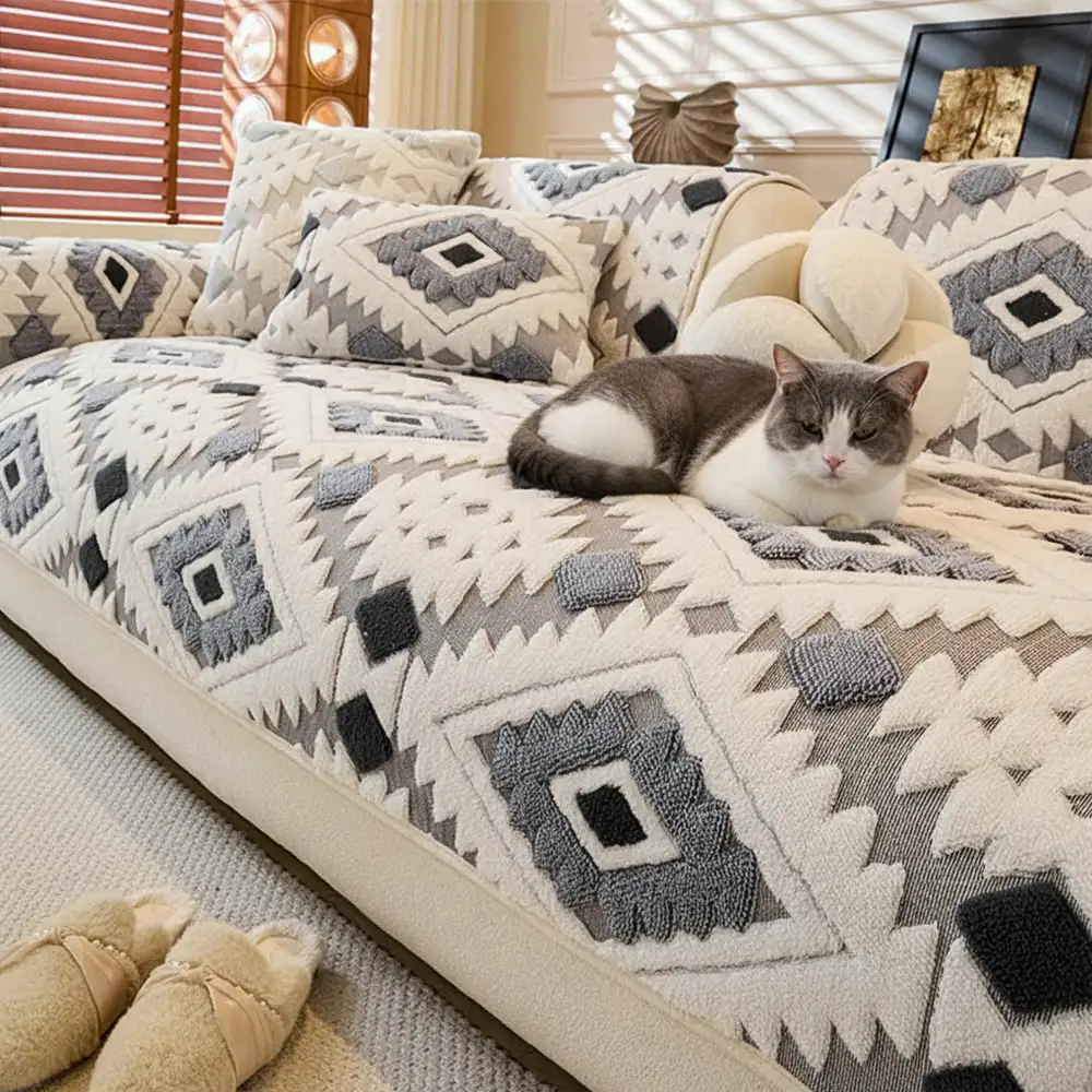 Modern Geometric Thick Plush Anti-Scratch Non-Slip Couch Cover - News Pet Shop