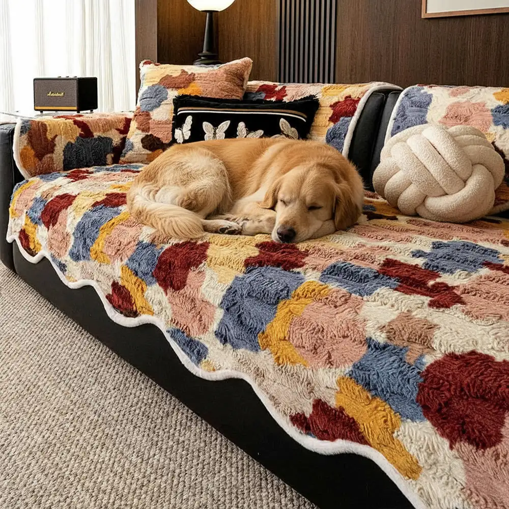 Stylish Color-Blocked Faux Rabbit Fur Soft Non-Slip Irregularly Shaped Couch Cover - News Pet Shop