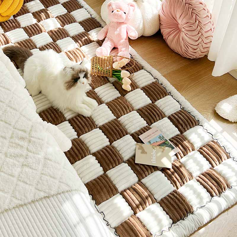 Cream-colored Large Plaid Square Fuzzy Pet Mat Bed Couch Cover - News Pet Shop
