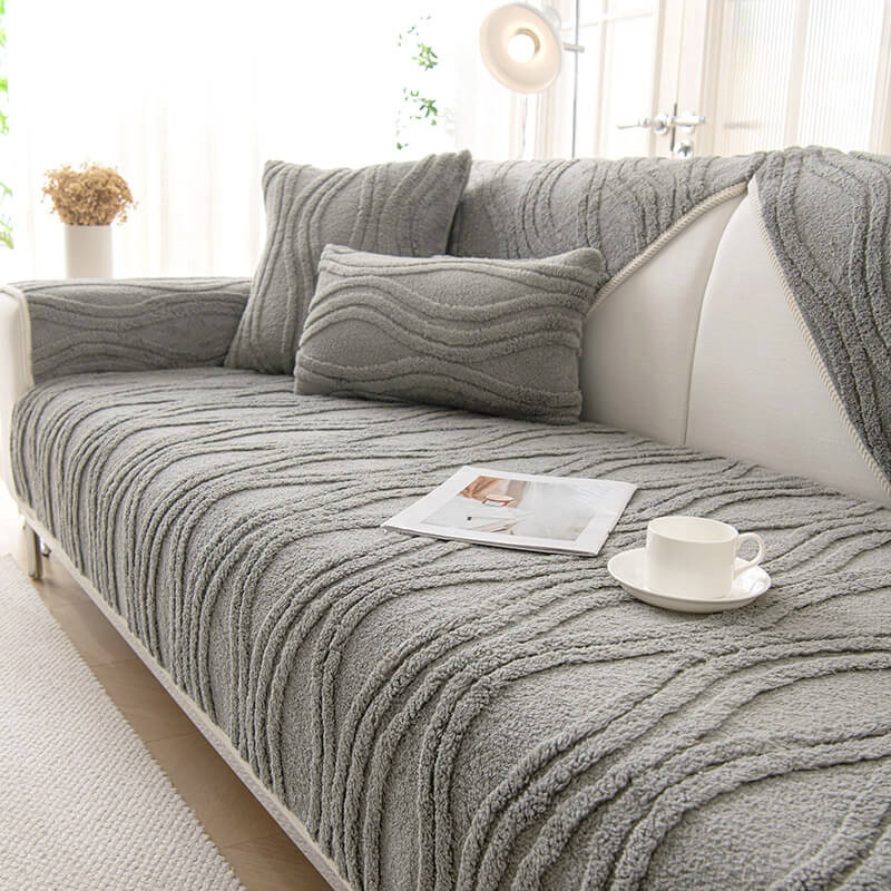 Elegant Grey Textured Non-Slip Thick Plush Couch Cover - News Pet Shop