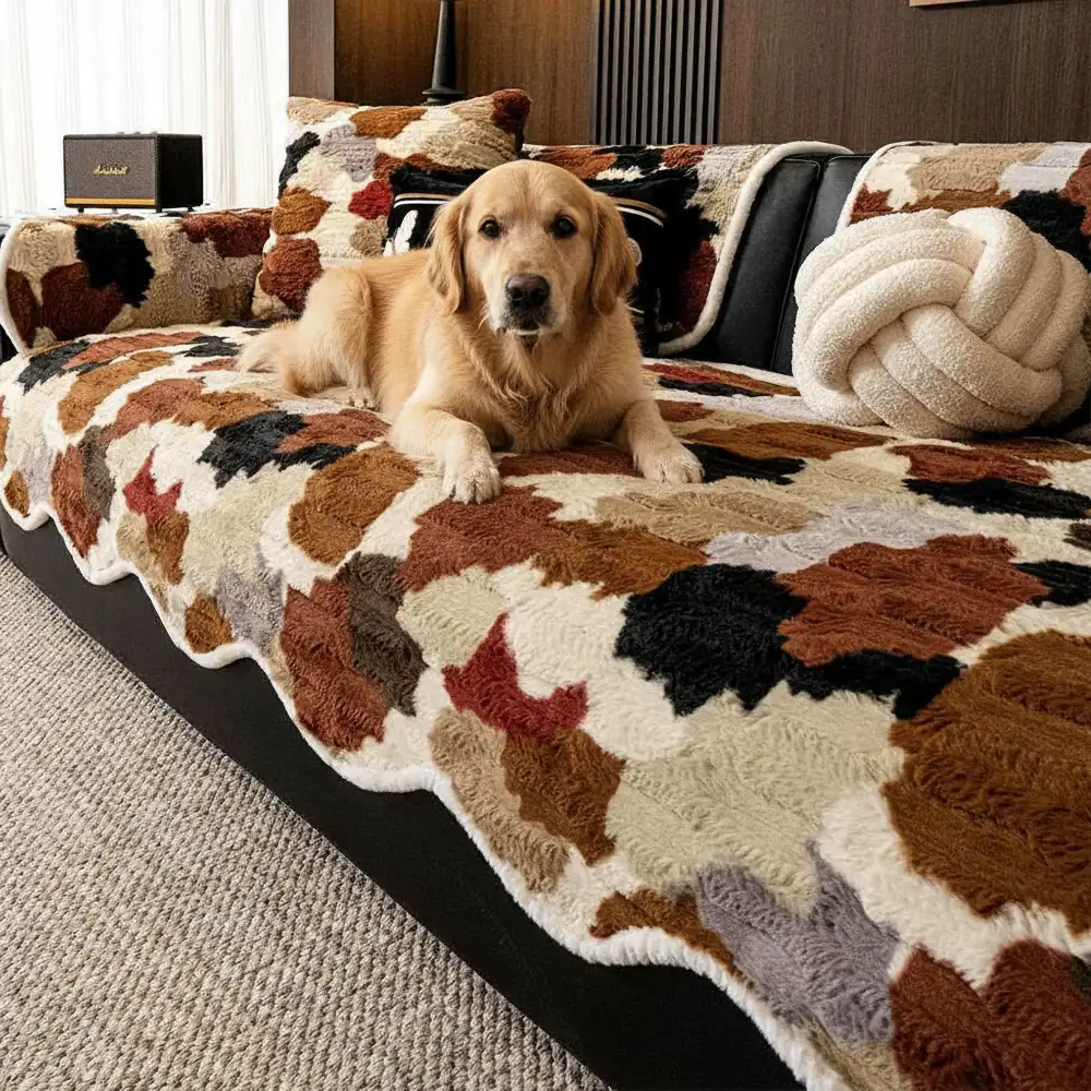 Stylish Color-Blocked Faux Rabbit Fur Soft Non-Slip Irregularly Shaped Couch Cover - News Pet Shop