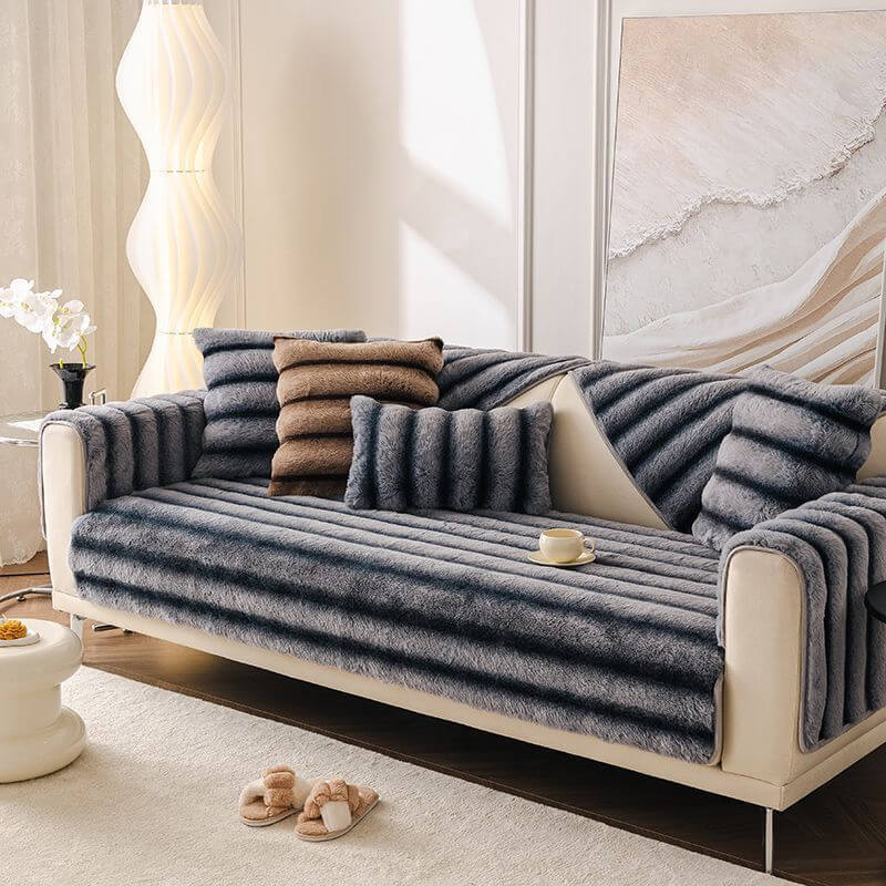 Striped Faux Rabbit Fur Sofa Protector Durable And Stain-Resistant Couch Cover - News Pet Shop