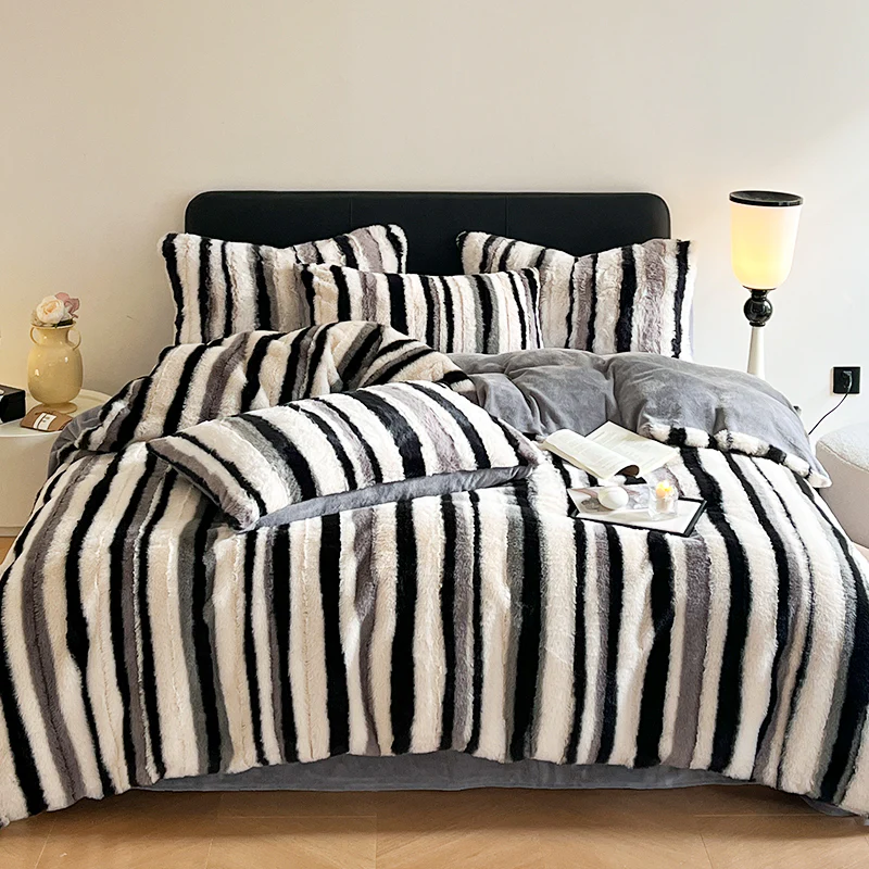 Irregular Ombre Striped Warm Thick Faux Rabbit Fur Anti-Static Bed Sheet Set - News Pet Shop