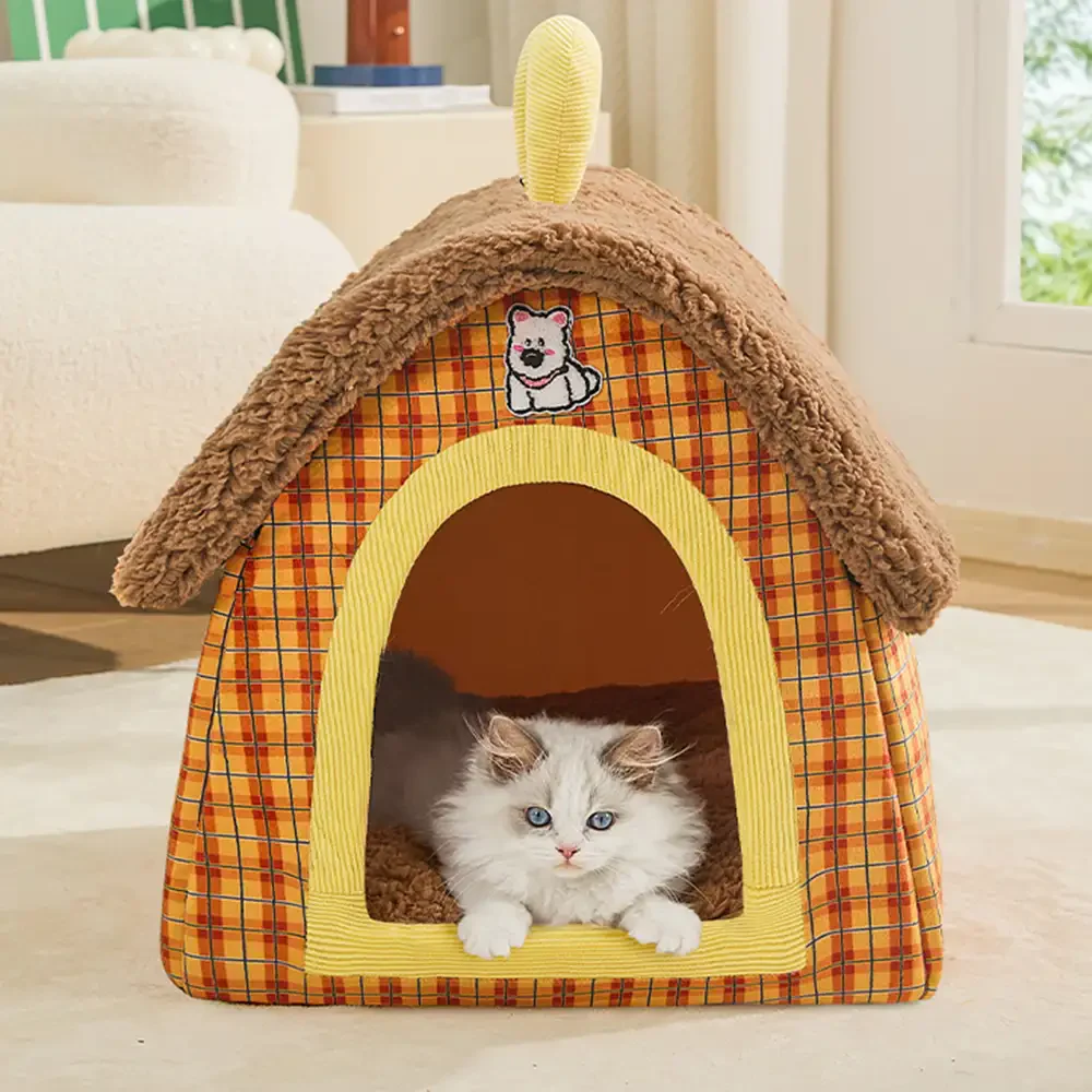 Vintage Plaid Cozy Plush Warm Foldable Cat Cave Dog House - News Pet Shop