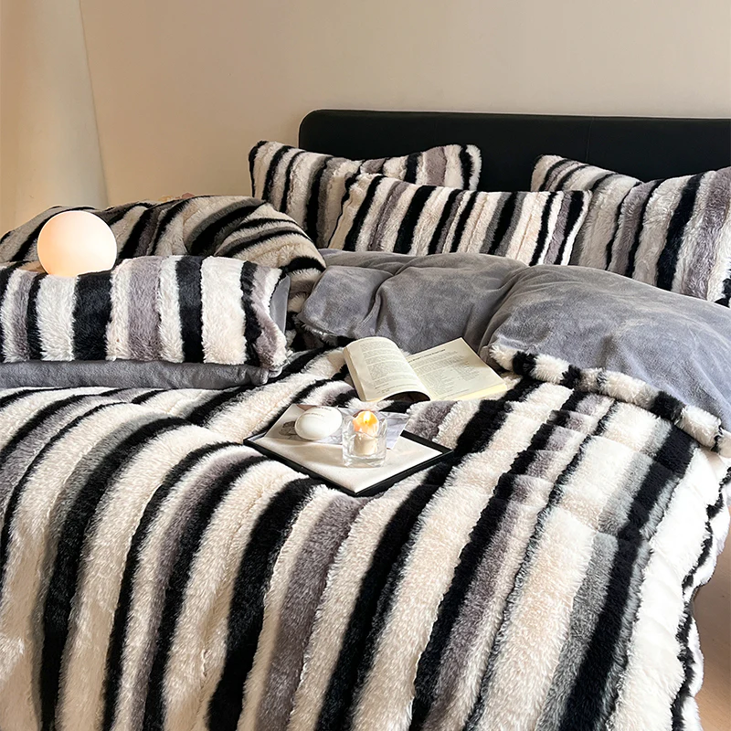 Irregular Ombre Striped Warm Thick Faux Rabbit Fur Anti-Static Bed Sheet Set - News Pet Shop