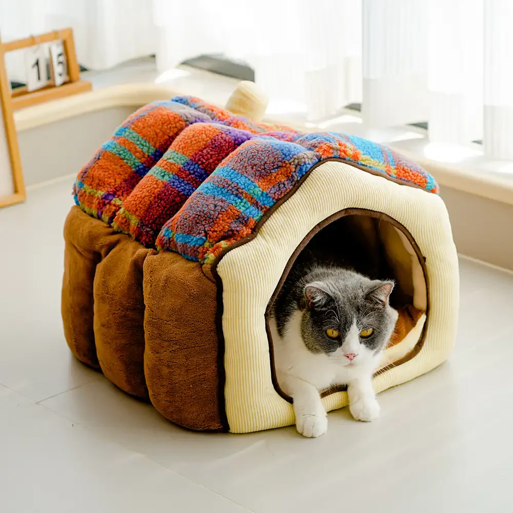 Plaid Retro Cozy Cave-Style Warm Deep Sleeping Dog & Cat Bed - Retro House - News Pet Shop
