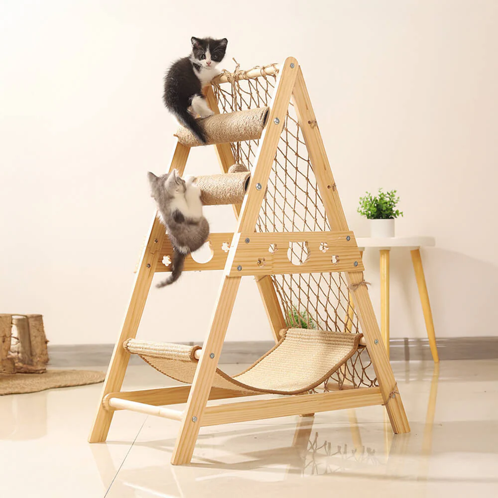 Modern Wooden Cat Tree Funny Scratching Post with Hammock Climbing Net - News Pet Shop