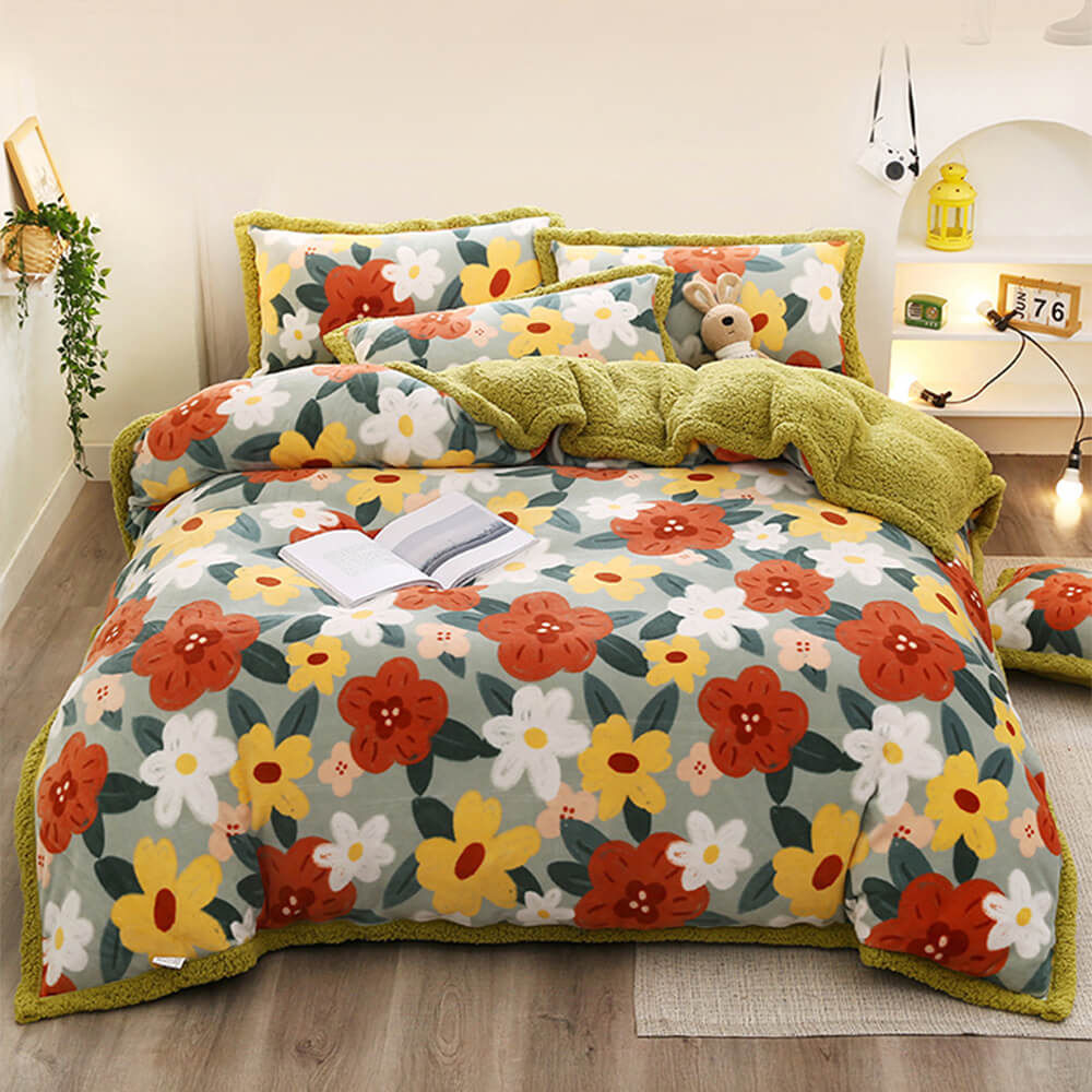 Floral Print Milk Velvet & Sherpa Double-Sided Bed Sheet Set - News Pet Shop