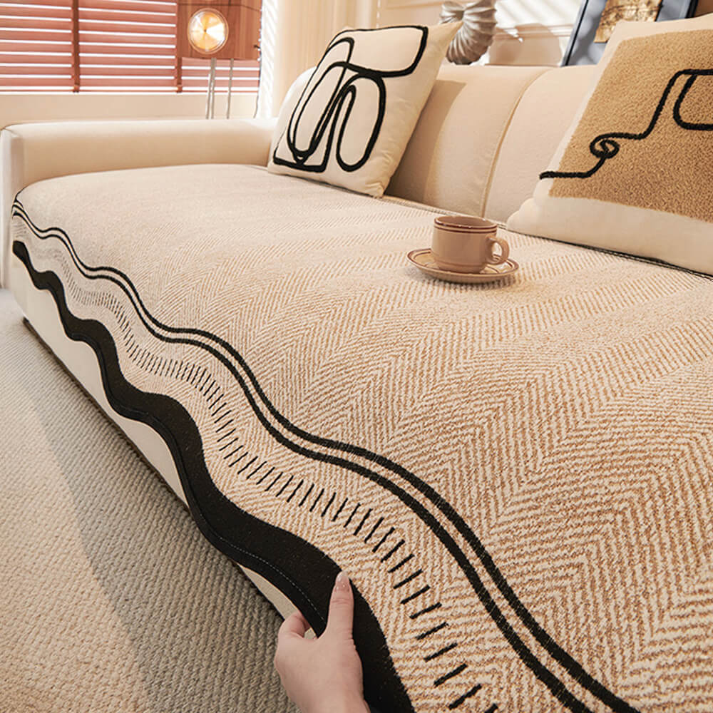 Non-Slip Herringbone Chenille Couch Cover with Wavy Edges - News Pet Shop