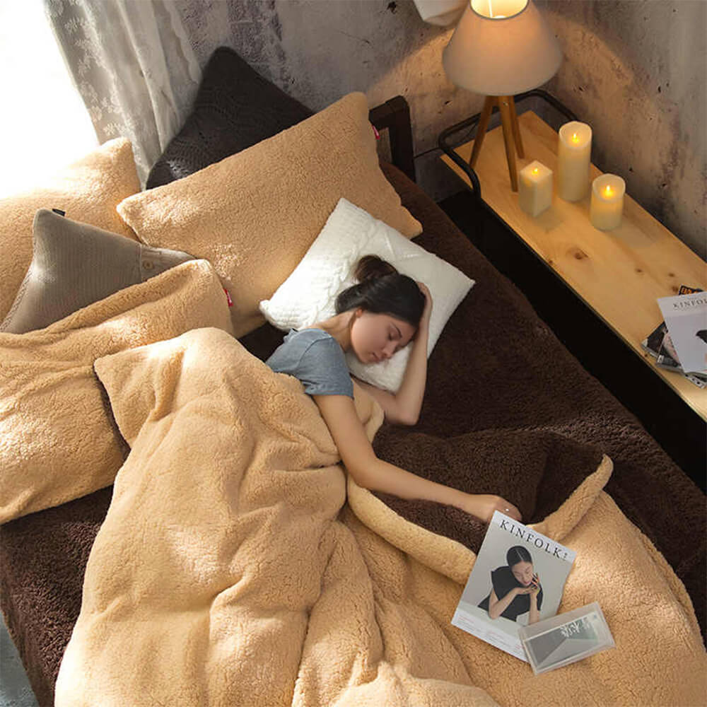 Reversible Two-Tone Thickened Warm Sherpa Fleece Bed Sheet Set - News Pet Shop