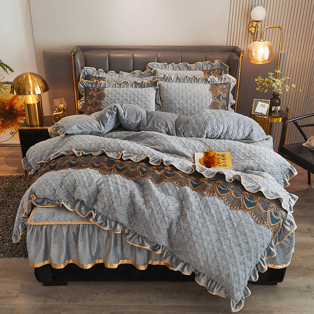 Luxurious Crystal Velvet Embroidered Non-Slip Bed Sheet Set with Bed Skirt - News Pet Shop