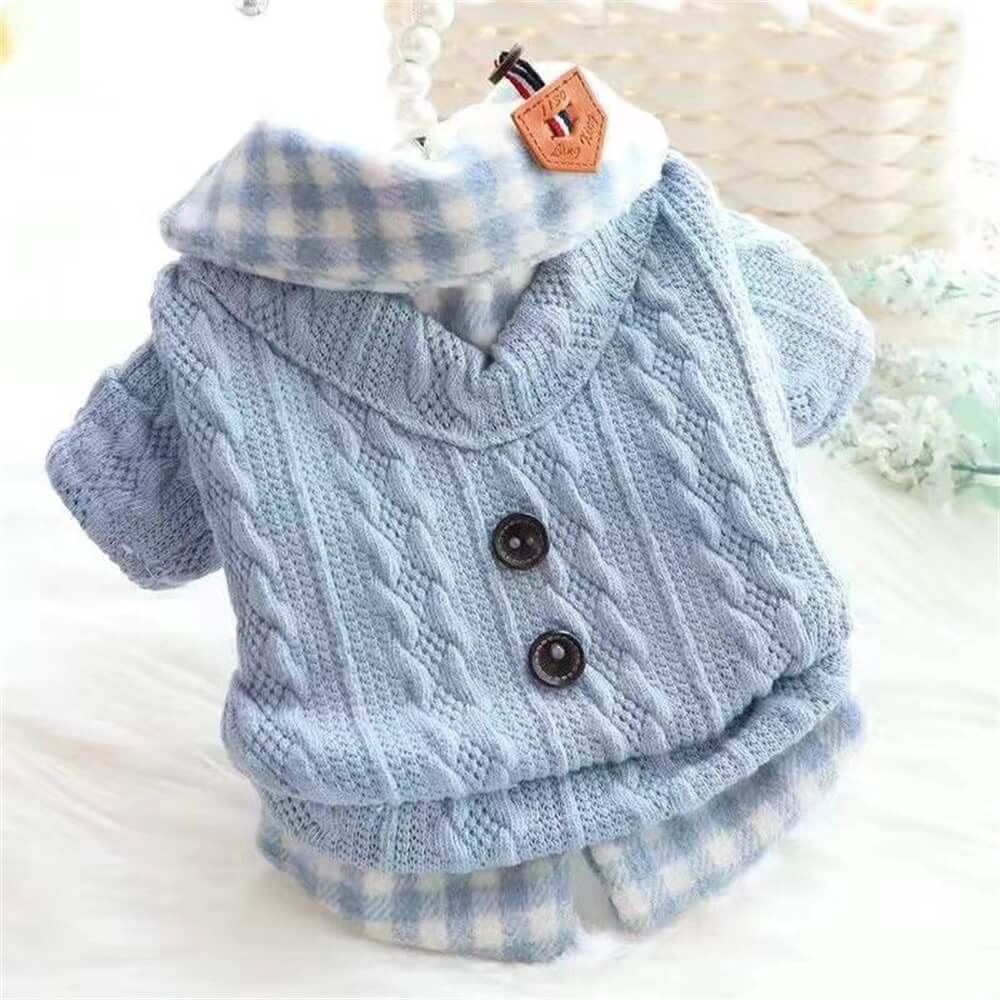 Cozy Knitted Dog Sweater with Plaid Collar  C Available in Pink & Blue - News Pet Shop
