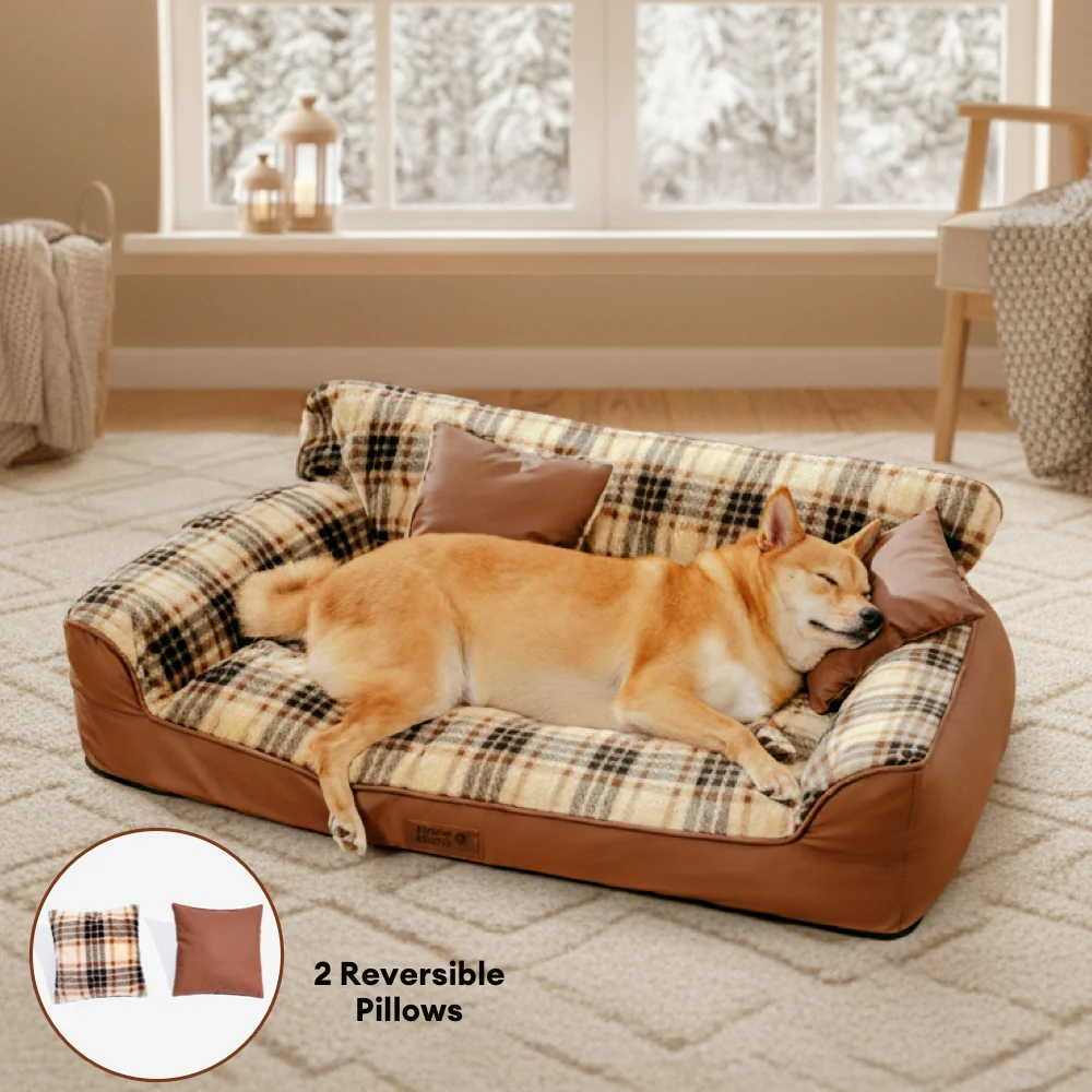 Vintage Plaid Plush Orthopedic Dog Sofa Bed with Pillows - CozyLuxe - News Pet Shop