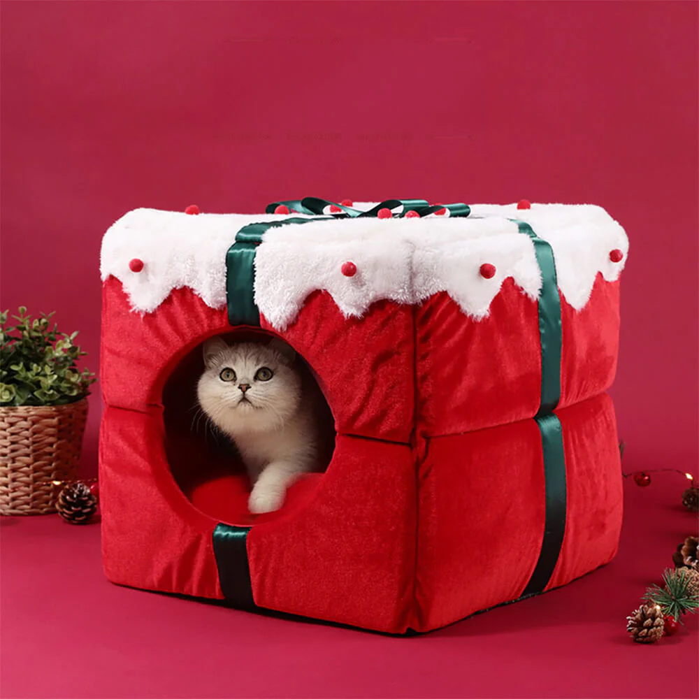 Christmas Gift Box Warm Sleeping Semi-Enclosed Cave Dog & Cat Bed - News Pet Shop