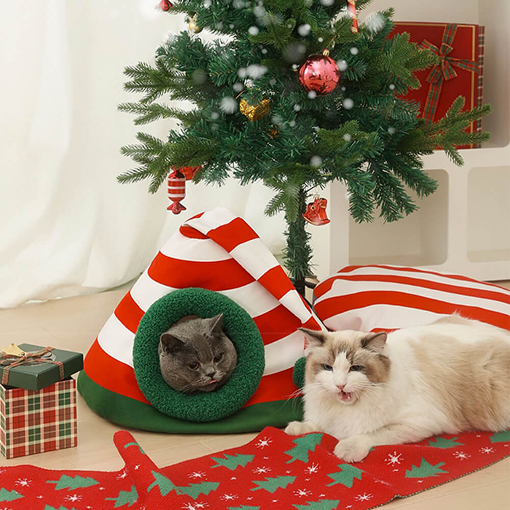 Classic Christmas Hat Warm Washable Semi-Enclosed Cat Cave Bed - News Pet Shop
